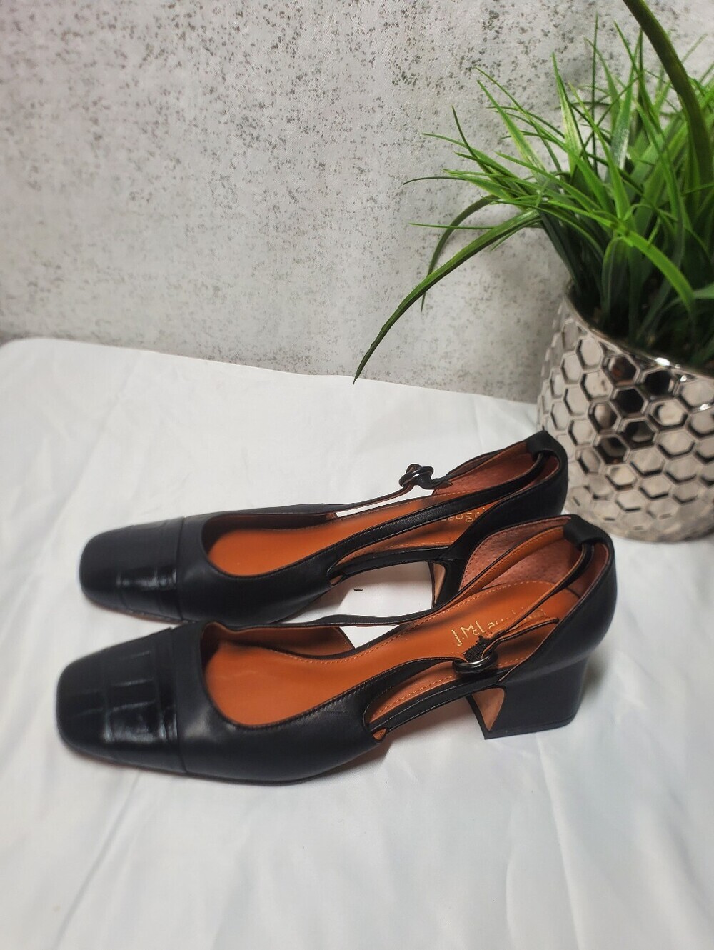 J.Mclaughlin Callie Black Leather Croc Square Toe Block Heel Pumps Size 7.5